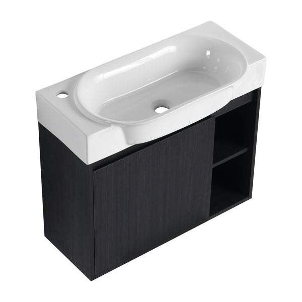 English Elm 28'' Wall-Mounted Bathroom Vanity with Glossy White Ceramic Sink, Soft-Close Doors, Water-Resistant Plywood Finish (Easy Assembly, KD Packing) W999P310767