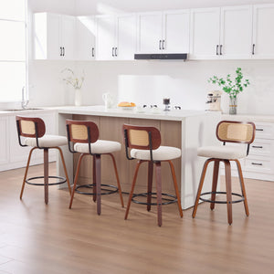 English Elm Set of 2 Swivel Counter Stools Walnut Frame Rattan Back Linen Seat Kitchen Island Beige W1143P392171