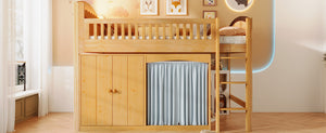 English Elm Twin Loft Bed with Wardrobe Cabinet Led Lighting and Pine Frame for Kids Rooms Wood N7090002236M