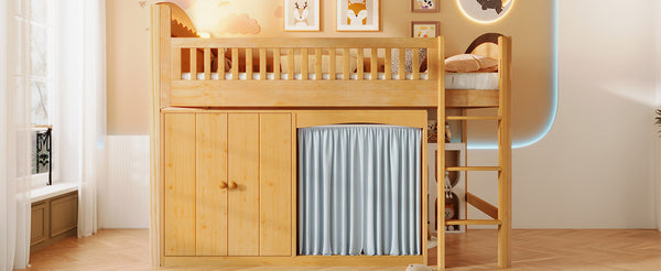 English Elm Twin Loft Bed with Wardrobe Cabinet Led Lighting and Pine Frame for Kids Rooms Wood N7090002236M