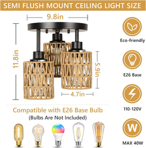 English Elm Flush Rattan 3-Light Semi Flush Mount Ceiling Light Fixture – Handwoven Eco Boho Farmhouse Chic Ambient Brown W2738P185408