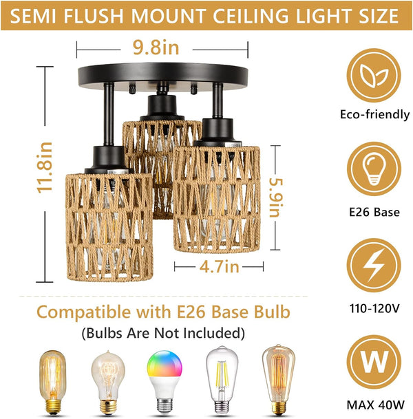 English Elm Flush Rattan 3-Light Semi Flush Mount Ceiling Light Fixture – Handwoven Eco Boho Farmhouse Chic Ambient Brown W2738P185408