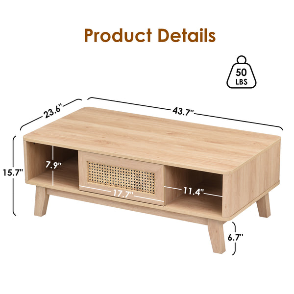 English Elm Coffee Mid Century Storage Coffee Table with Rattan Drawer, Solid Wood Legs, Durable 110lb Capacity Natural T3623P380679