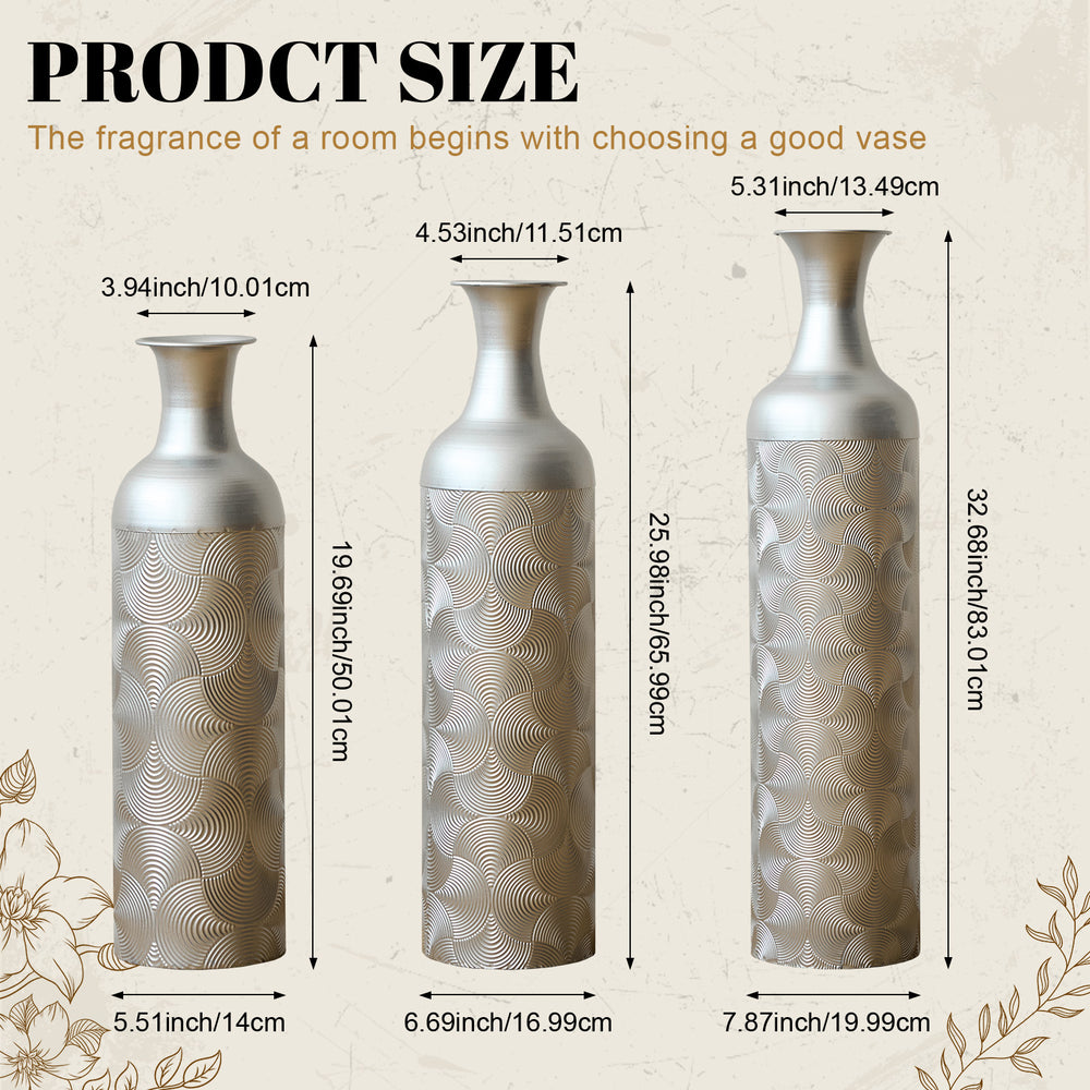 English Elm Silver Metal Floor Vase Trio Etched Wave Pattern Tall Cylinder Set for Modern Decor W2796P386873
