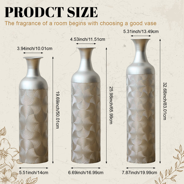 English Elm Silver Metal Floor Vase Trio Etched Wave Pattern Tall Cylinder Set for Modern Decor W2796P386873