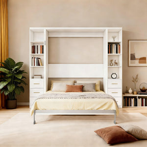 English Elm Desk Murphy Wall Bed Queen with Side Storage Cabinets for Home Office Study W5290S00006