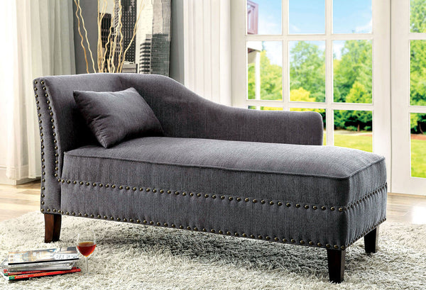 English Elm Modern Upholstered Chaise with Nailhead Trim and Curved Arm, Linen-Like Fabric, Dark Cherry Frame Gray 61 L x 26 W x 24 H B2741P305690