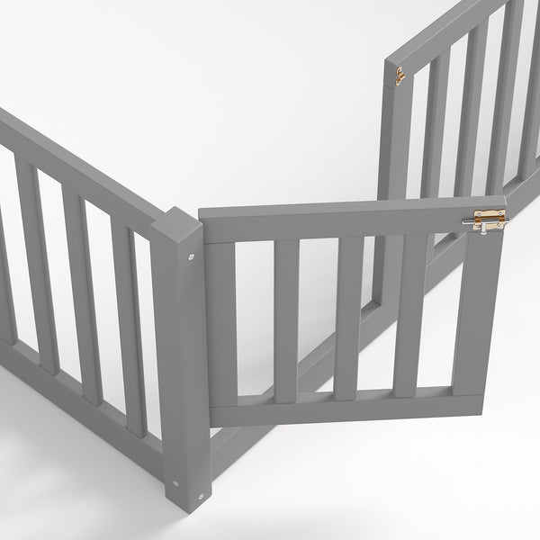English Elm Queen Kids Floor Bed Pine Wood Frame with Safety Rails Door and Low Profile Design Gray W1580P418053