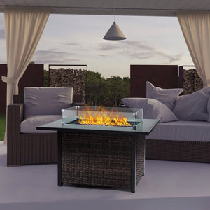 English Elm Outdoor Fire Pit 50,000 BTU Propane Gas Fire Table with Wicker Base, Glass Wind Guard, Lid, Patio Warmer Black+Brown W213P266078