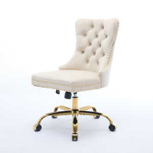 English Elm A&A Velvet Tufted Office Chair with Hand-Pulled Buttons, Nailhead Trim & Golden Metal Base, Luxe Comfort Beige W1143P292466