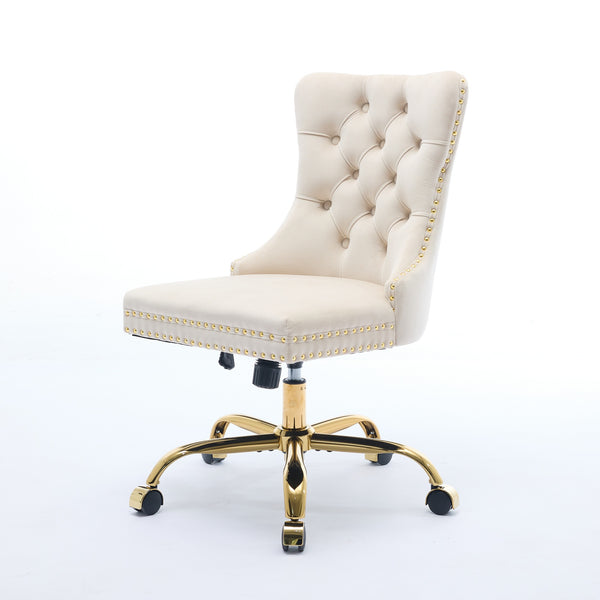 English Elm A&A Velvet Tufted Office Chair with Hand-Pulled Buttons, Nailhead Trim & Golden Metal Base, Luxe Comfort Beige W1143P292466