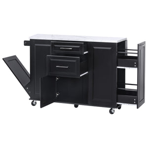English Elm K&K Vintage Convex Kitchen Island Cart with Faux Marble Top, Tilt Trash, Pull-Out Organizer, Wheels Black N707P299008B