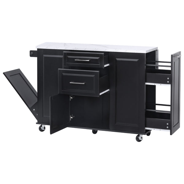 English Elm K&K Vintage Convex Kitchen Island Cart with Faux Marble Top, Tilt Trash, Pull-Out Organizer, Wheels Black N707P299008B