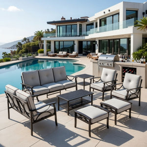 English Elm 8-piece Outdoor Conversation Set 9 Seat Steel Patio Sofa with Thick Cushions Tables Grey+Black B082S00130