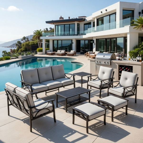 English Elm 8-piece Outdoor Conversation Set 9 Seat Steel Patio Sofa with Thick Cushions Tables Grey+Black B082S00130