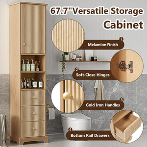 English Elm 67.7" Tall Freestanding Bathroom Cabinet with 3 Drawers, Open Shelves, Gold Handles, Anti-Tip Safety N729P335604O