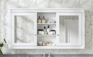 English Elm 55 Inch Wall Mount Medicine Cabinet Dual Mirrored Doors Soft Close Bathroom Vanity Storage White N710P401342K