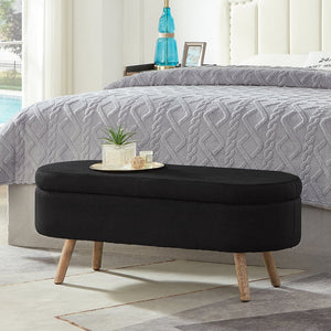 English Elm Luxury Boucle Oval Ottoman Bench with Hidden Storage Rubberwood Legs Entryway Seat Black W2186P430719