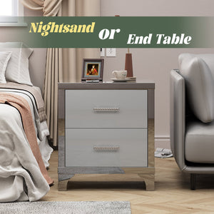 English Elm High Gloss Mirrored 2 Drawer Nightstand Slim Metal Legs Modern Bedroom Side Table Grey W5271P416536