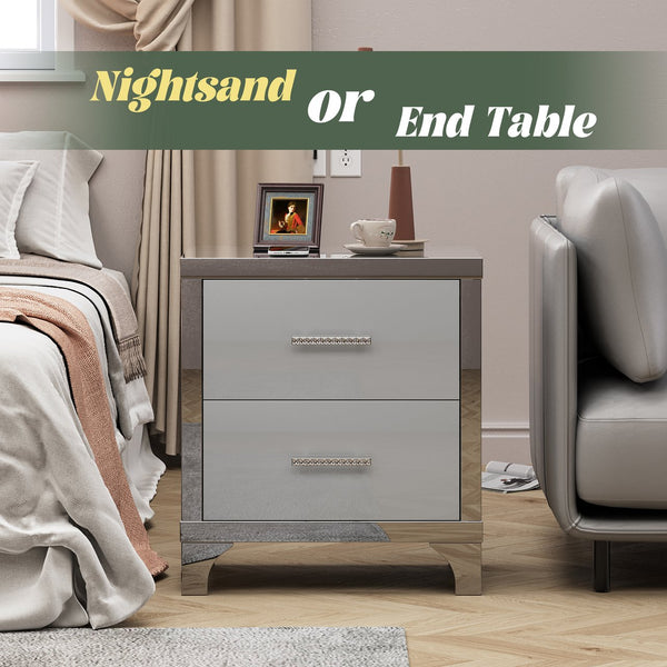 English Elm High Gloss Mirrored 2 Drawer Nightstand Slim Metal Legs Modern Bedroom Side Table Grey W5271P416536
