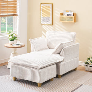 English Elm This single-seat corduroy sofa with ottoman and pillows — compact lounge chair for cozy reading nooks and naps Beige W1658S00108