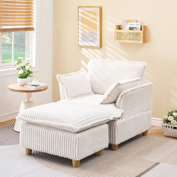 English Elm This single-seat corduroy sofa with ottoman and pillows — compact lounge chair for cozy reading nooks and naps Beige W1658S00108