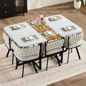 English Elm 7-piece Rectangular Dining Set Faux Marble Velvet Chairs Modern Apartment Table W3875S00133