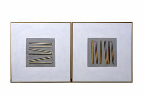 Sunpan Pick Up Sticks Wall Art Set of 2 - Hand-Painted Grey Squares with Gold Relief Lines & Frame