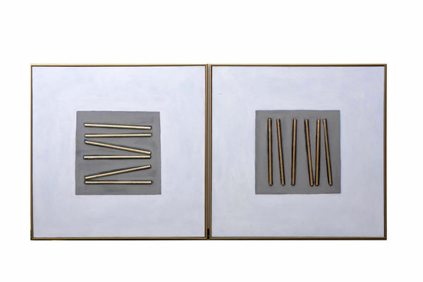 Sunpan Pick Up Sticks Wall Art Set of 2 - Hand-Painted Grey Squares with Gold Relief Lines & Frame