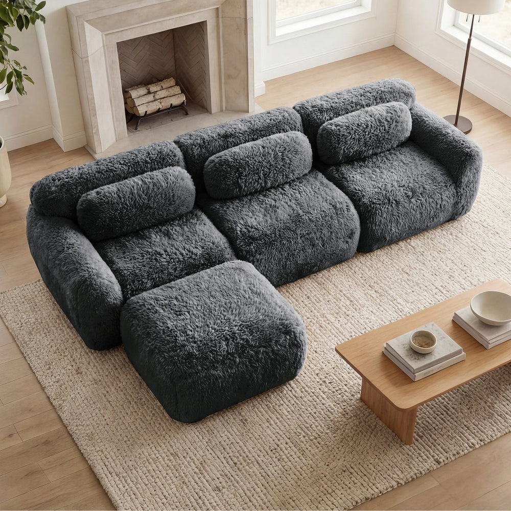 English Elm L-shaped Plush Modular Sectional Sofa with Ottoman and High Resilience Foam Seating Dark Grey W714S01550