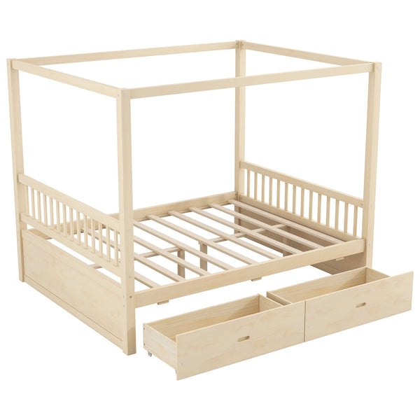 English Elm Wooden Canopy Queen Bed Solid Frame with Built-in Storage Drawers Slatted Base Natural N7090005036N
