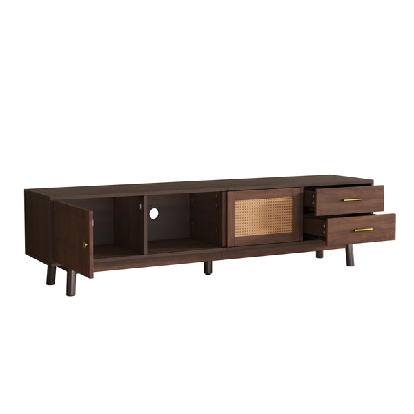 English Elm Mid Century Modern TV Stand with Rattan Sliding Doors, Solid Wood Legs, Drawers & Waterproof Top N710P257617P