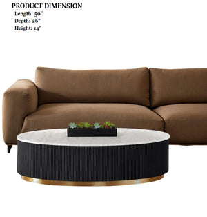 English Elm Contemporary Oval Cocktail Table With Marble Top, Gold Accents & Reeded Plinth Base For Living Room B2741P395397