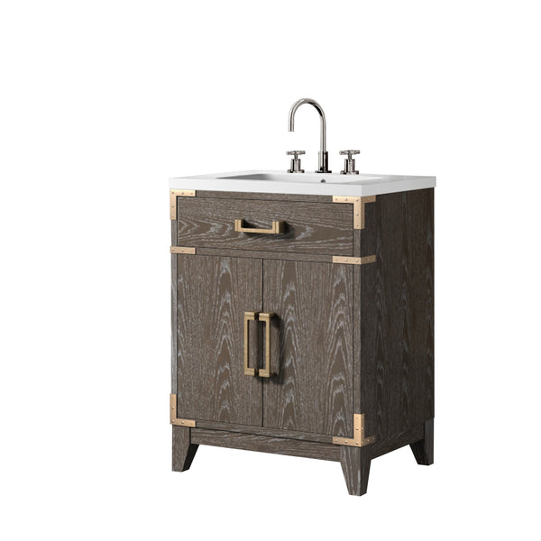 English Elm Brown Oak Single Bath Vanity with Acrylic Top, Chrome Gooseneck Faucet, Soft-Close Cabinet Storage Durable Finish 24"W x 18"D B2731P259742