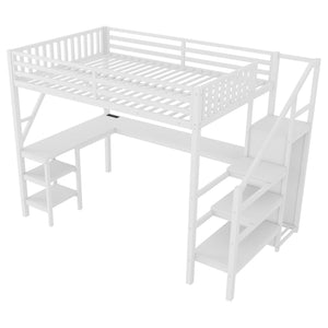 English Elm Metal Full Loft Bed with L Shaped Desk Wardrobe Rgb Lighting and Usb Charging White W2593S00054