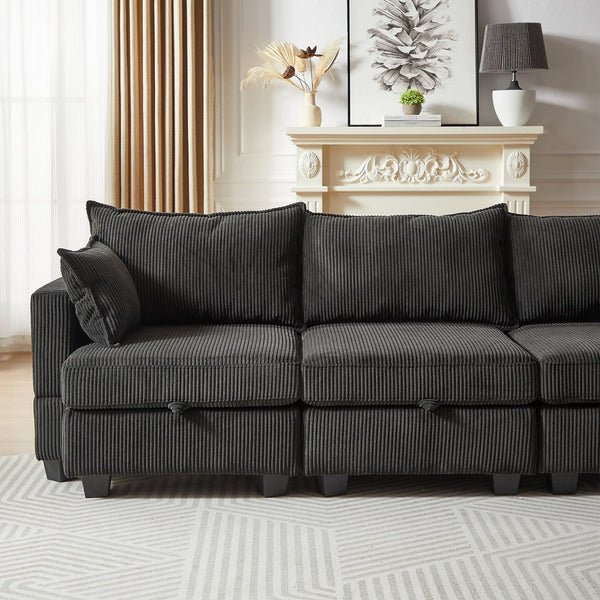 English Elm 113.5'' Modular Sectional Sofa with Storage Ottoman, Convertible U or L Shape Sleeper for 6 Seats Black W834S00250