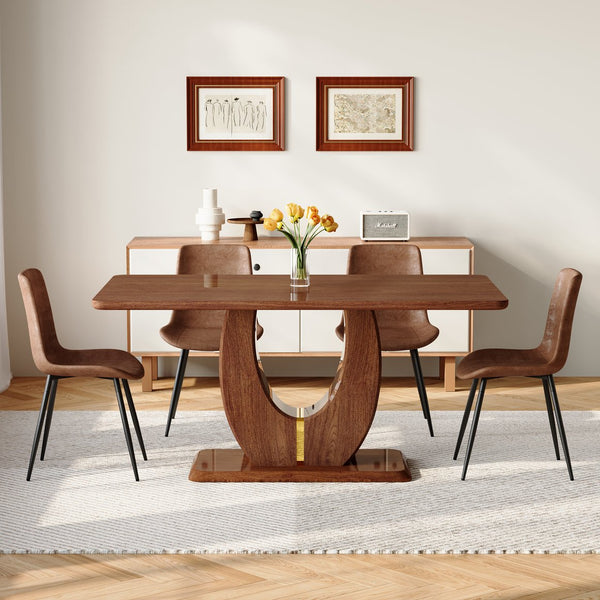 English Elm One 5 Piece Dining Set 63 Inch Table Dark Wood Grain Top with Brown Fabric Chairs W1151S04405