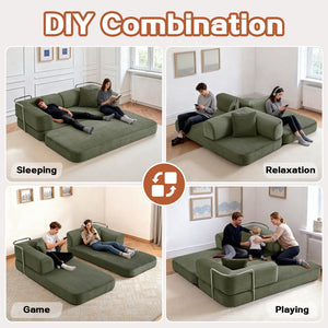 English Elm Floor Sofa Bed Modular Corduroy Convertible Lounge with Steel Frame for Living Room Antique Green W3565P397194