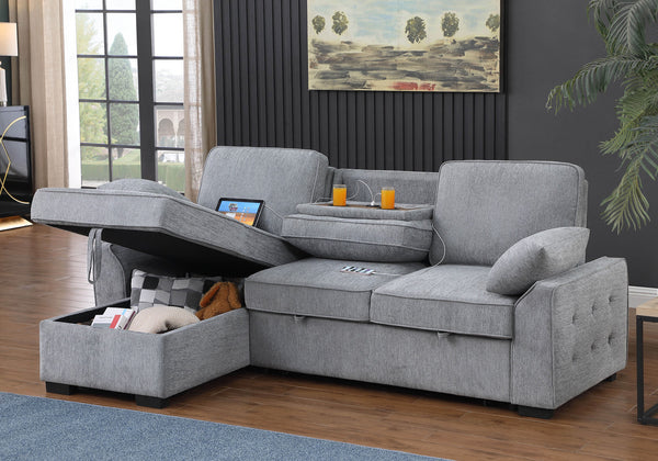 English Elm Marcello Chenille Sleeper Sectional with Reversible Chaise Storage and Charging Console Light Gray B2749S00163