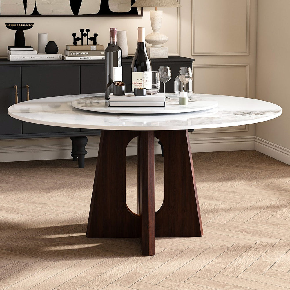 English Elm Modern Round Dining Table - 59" Sintered Stone With Walnut Base & Lazy Susan For 6-8 People W2700S00004