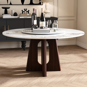English Elm Modern Round Dining Table - 59" Sintered Stone With Walnut Base & Lazy Susan For 6-8 People W2700S00004