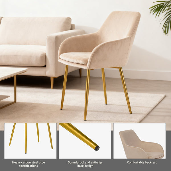 English Elm Velvet 2-Piece Dining Chairs Beige with Gold Metal Legs — Modern Quilted Padded Armchairs for Home W3851P369041