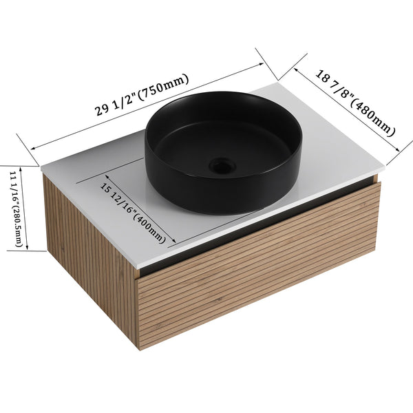 English Elm 30'' Floating Wall Mounted Vanity Hand Painted Ceramic Vessel Sink Soft Close Drawer W999S00360