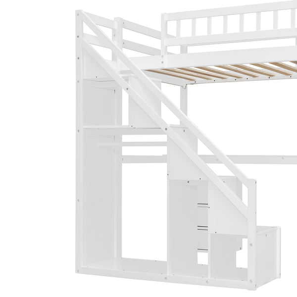 English Elm Twin Loft Bed with Staircase Desk Dual Drawers and Led Strip for Kids Rooms LT000257AAK