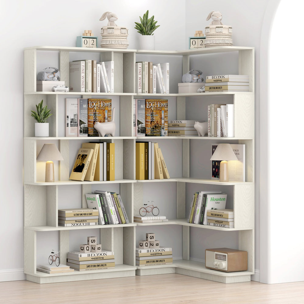 English Elm 90 Cm Modular Corner Bookcase Set Two Piece White Oak Shelving for Home Office W2899S00008