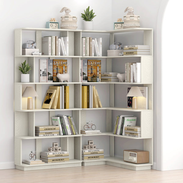 English Elm 90 Cm Modular Corner Bookcase Set Two Piece White Oak Shelving for Home Office W2899S00008