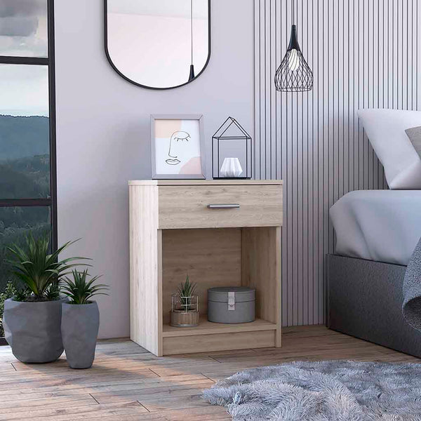 English Elm Eco Nightstand with Spacious Drawer and Open Shelf, Compact 21.7" Height Durable Laminated Finish Gray 25.6 L x 18.9 W x 5.5 H B20091852