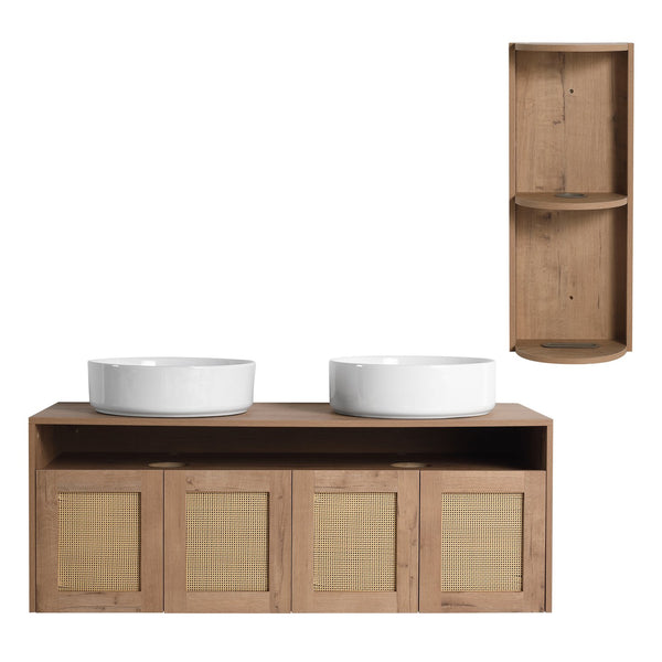 English Elm 48" Floating Bathroom Vanity Dual Ceramic Vessel Sinks Oak Finish Soft Close Doors W999S00504