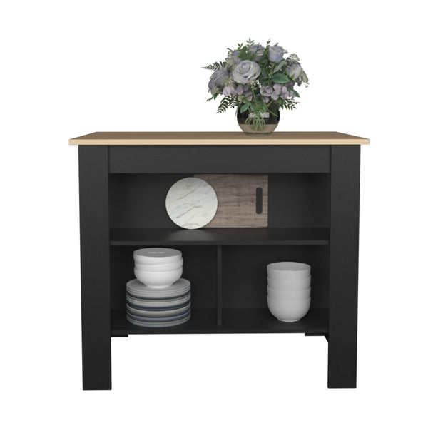 English Elm Kitchen Island with Spacious Leg Room and Wide Prep Top, 3 Open Shelves for Cookware & Storage Black+Natural 48.43 L x 32.68 W x 4.33 H B097P250923