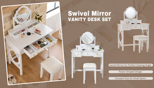 English Elm Compact Floral Makeup Vanity Table with Swivel Flower Mirror, 5 Drawers & PU Stool — Space-Saving Beauty Station N844P288535A